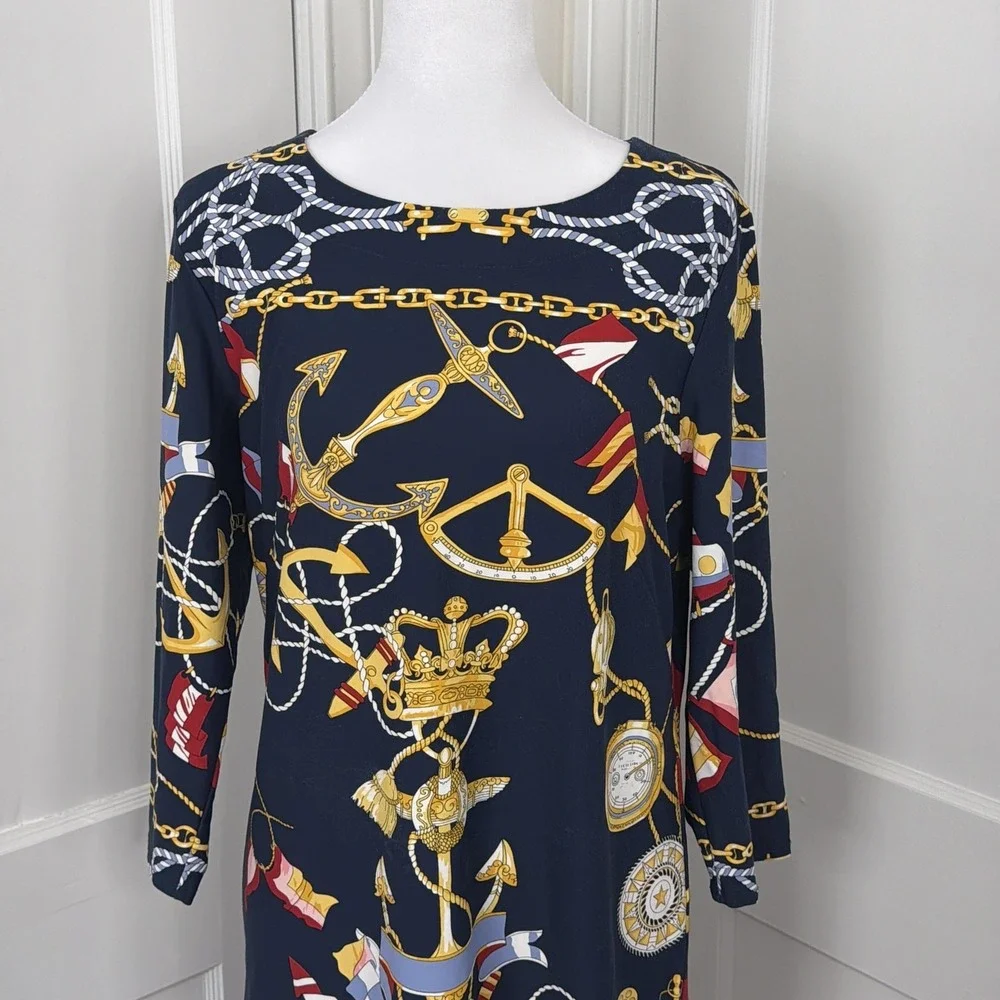 Talbots Dress Womens LP Navy Nautical Print Shift 3/4 Sleeve Stretch Petite - Picture 8 of 10